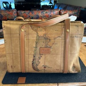 Pristine ALVIERO MARTINI 1a Classe World Geo Print Leather Tote Handbag Shouder